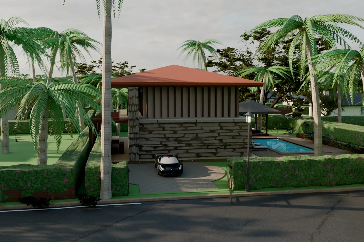 Approach road lined with palms